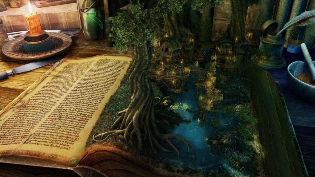 an open book with a tree and a river